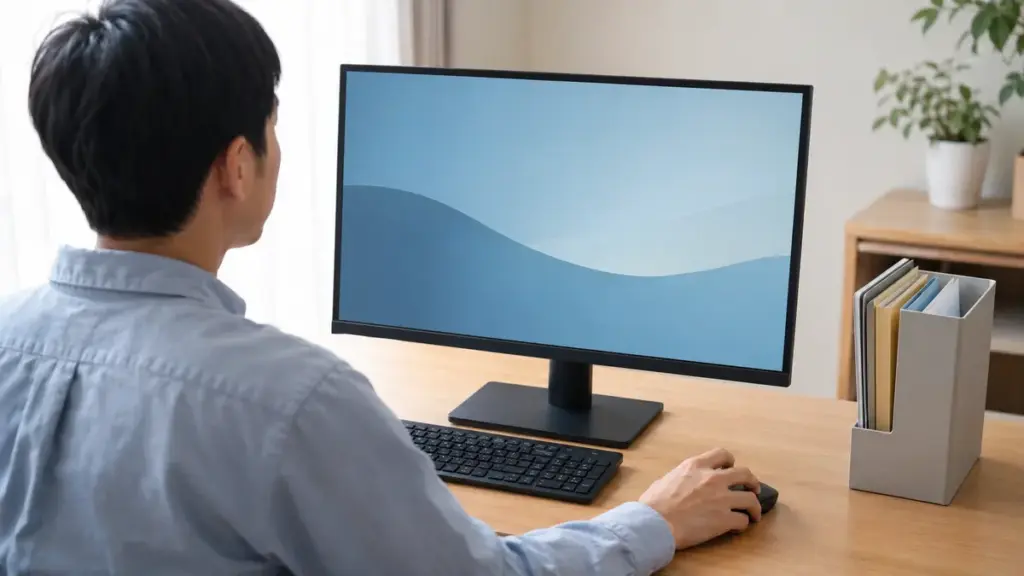 アイコンが表示されないデスクトップを見て状態を確認する様子