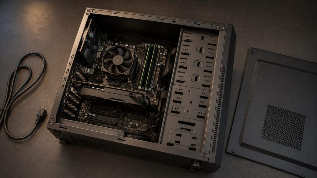 電源ケーブルを抜いたデスクトップPCでメモリの装着状態を確認する様子