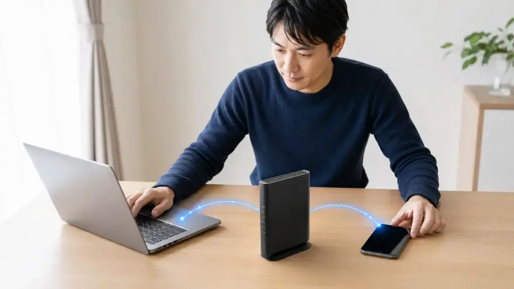 同じWi-Fiでパソコンとスマートフォンの接続を比べる様子
