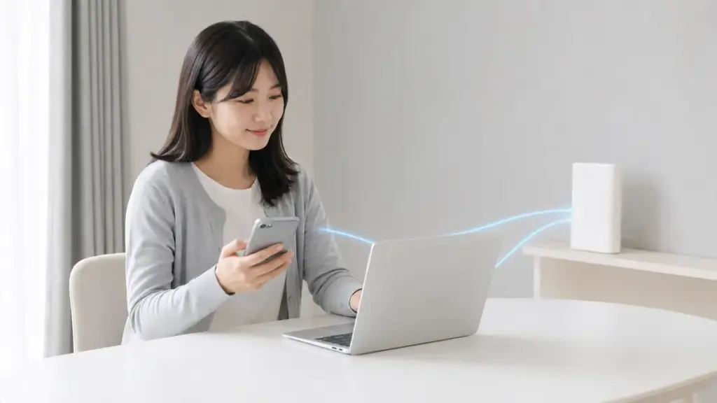 DNS復旧後にパソコンとスマートフォンの接続を確認する様子