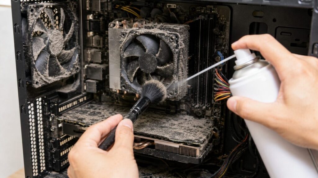 ほこりで汚れたデスクトップPC内部のファンとヒートシンクを、ブラシとエアダスターで掃除している様子