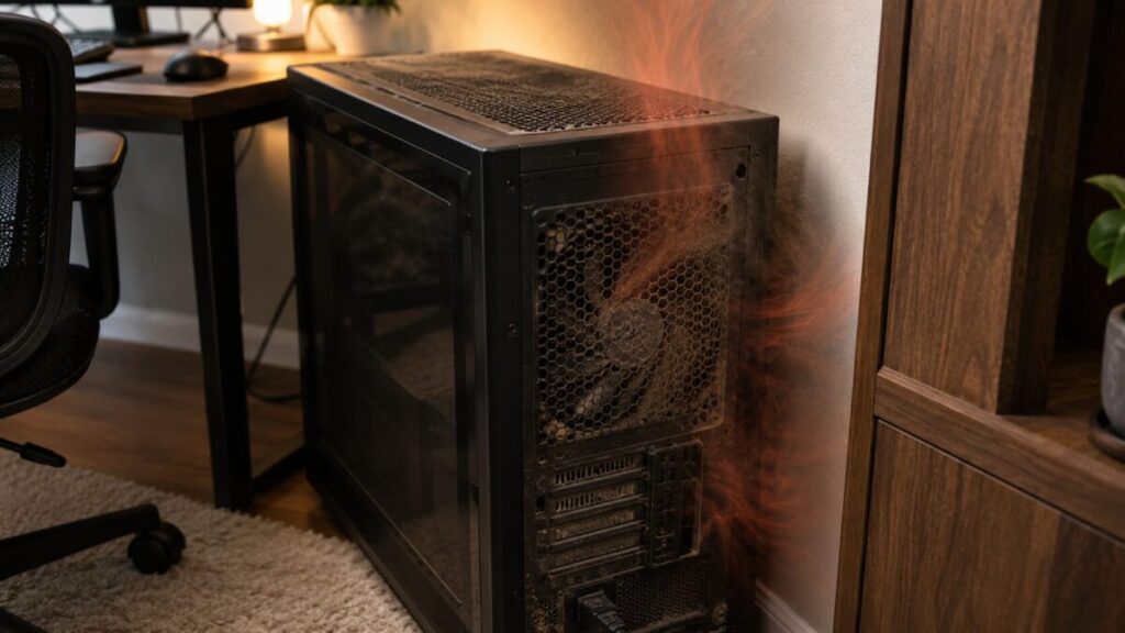 壁際に置かれたデスクトップPCの背面通気口にホコリがたまり熱気がこもっている様子