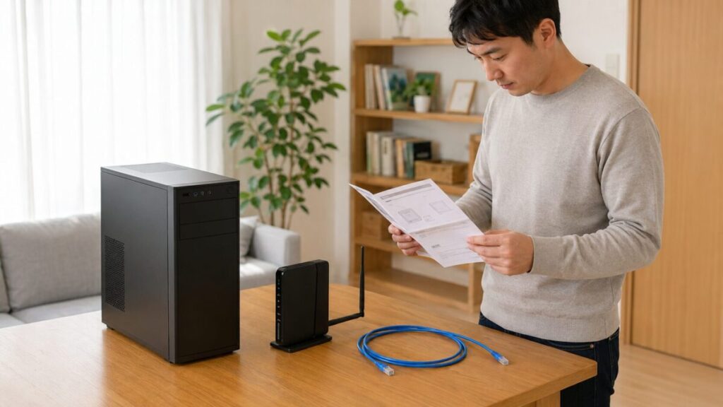 パソコンとルーターのLANケーブルを確認する様子