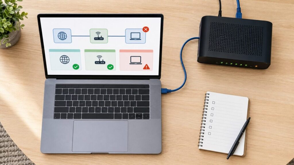 ノートパソコンとルーターのネットワーク接続状態を確認する作業机