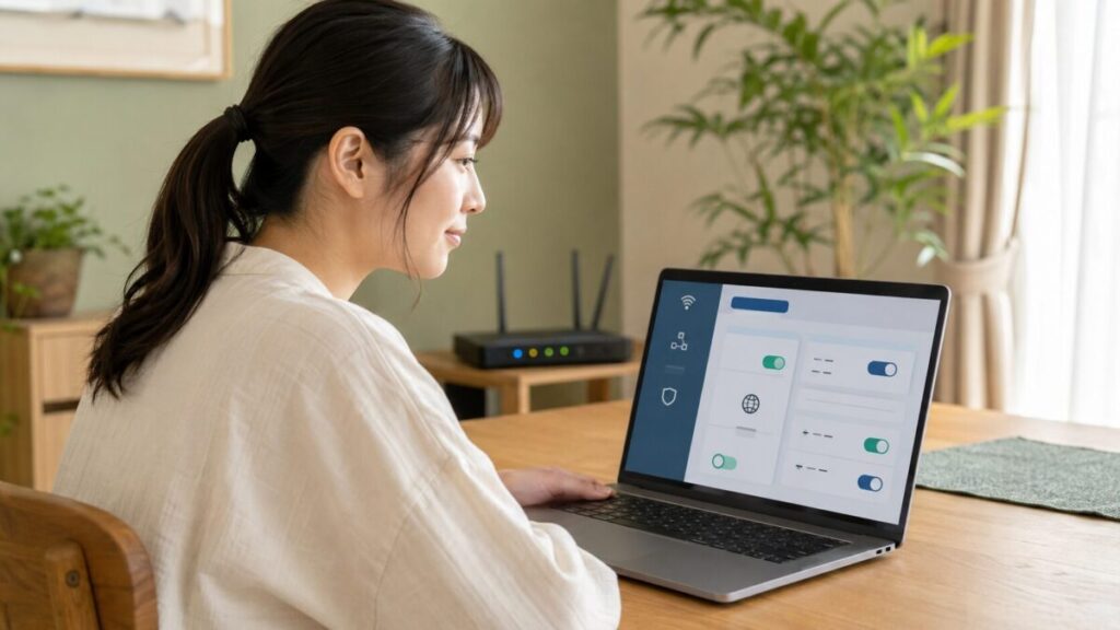 ノートパソコンでイーサネットの設定を確認する様子