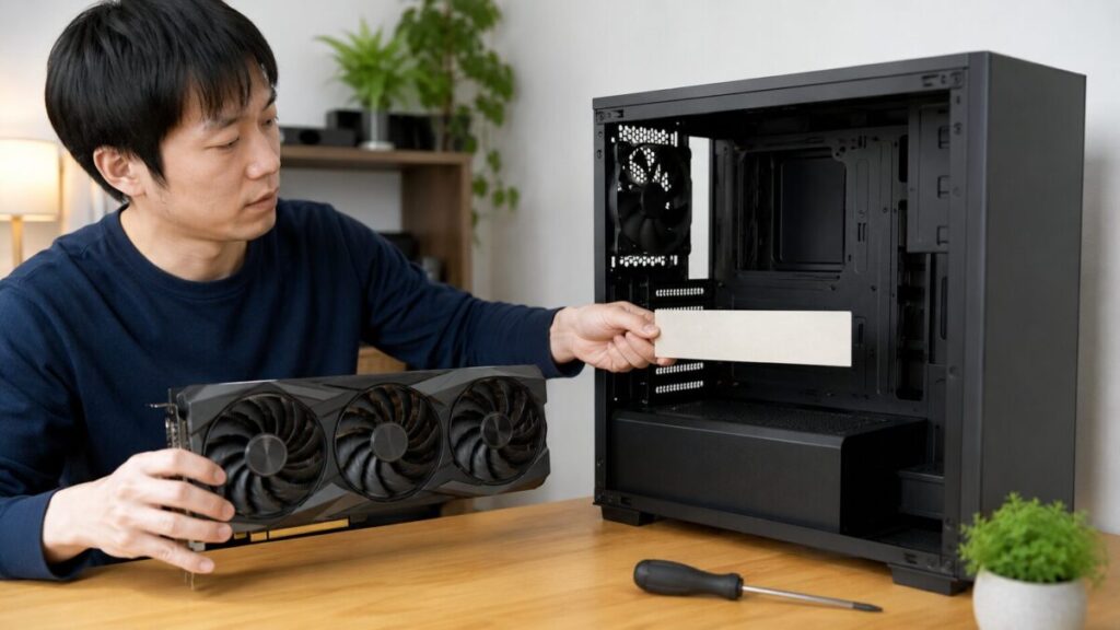 大型グラボとPCケースを見比べて取り付け可能な寸法を確認する様子