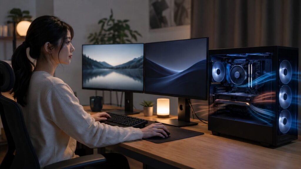グラボの発熱と消費電力を抑えるためPCのエアフローを確認する様子