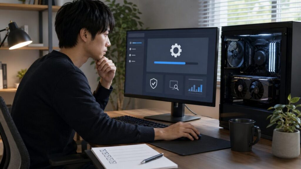 グラボのドライバ更新画面を確認しながら作業する日本人男性とデスクトップPC