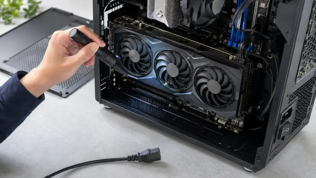 電源を抜いたPCでグラボファン周辺のケーブルを確認する様子