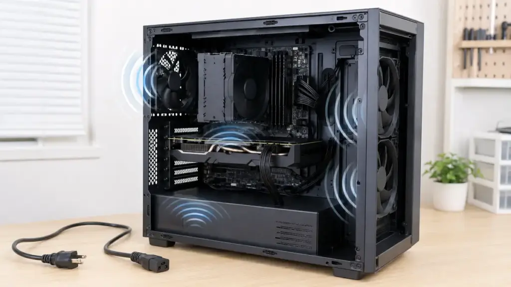 PCケース内のグラボとファンと電源ユニットの位置を確認する様子