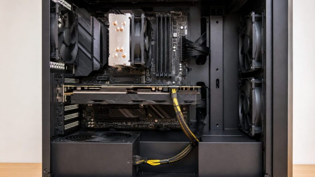 電源ユニットからグラボへ補助電源ケーブルを接続したPC内部