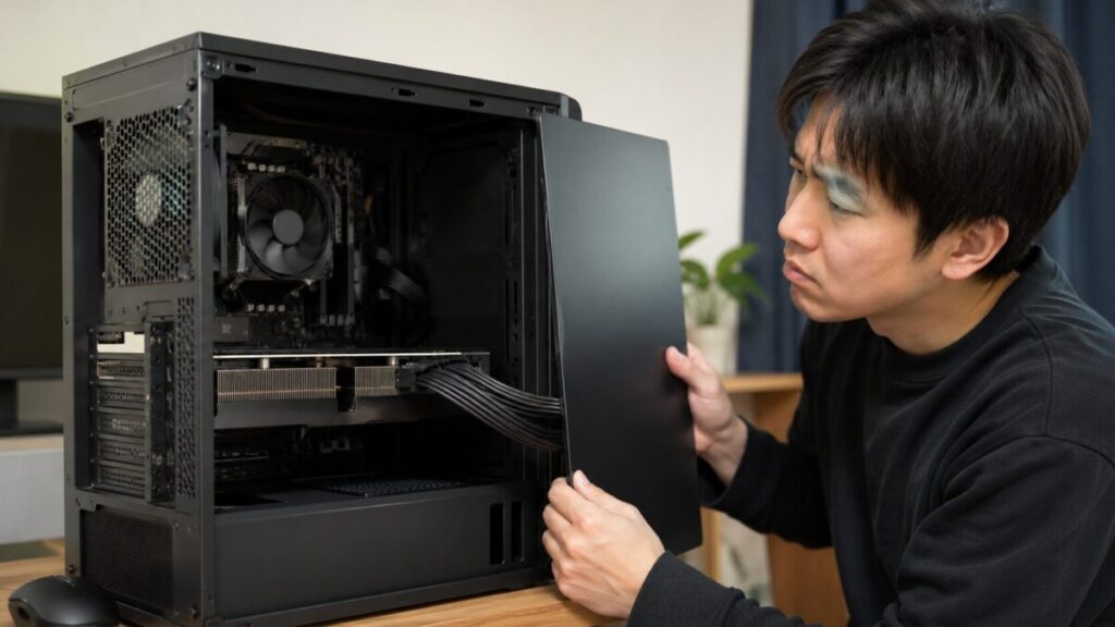 グラボの補助電源ケーブルが側板に当たりサイドパネルを閉められない状態