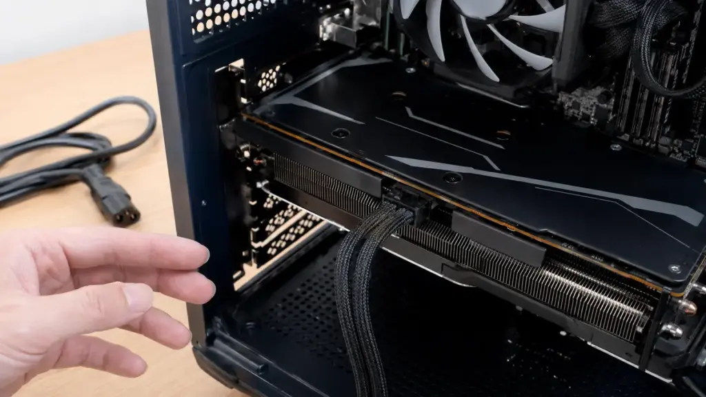 電源を抜いたPCでグラボ補助電源コネクタを確認する様子