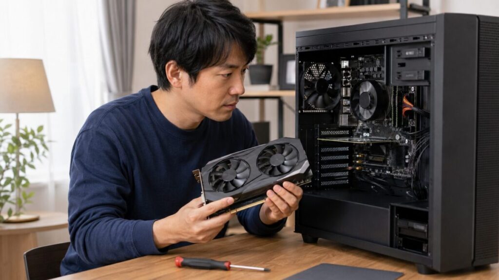 グラボ交換前にPCケース内部と新しいグラボの互換性を確認している様子