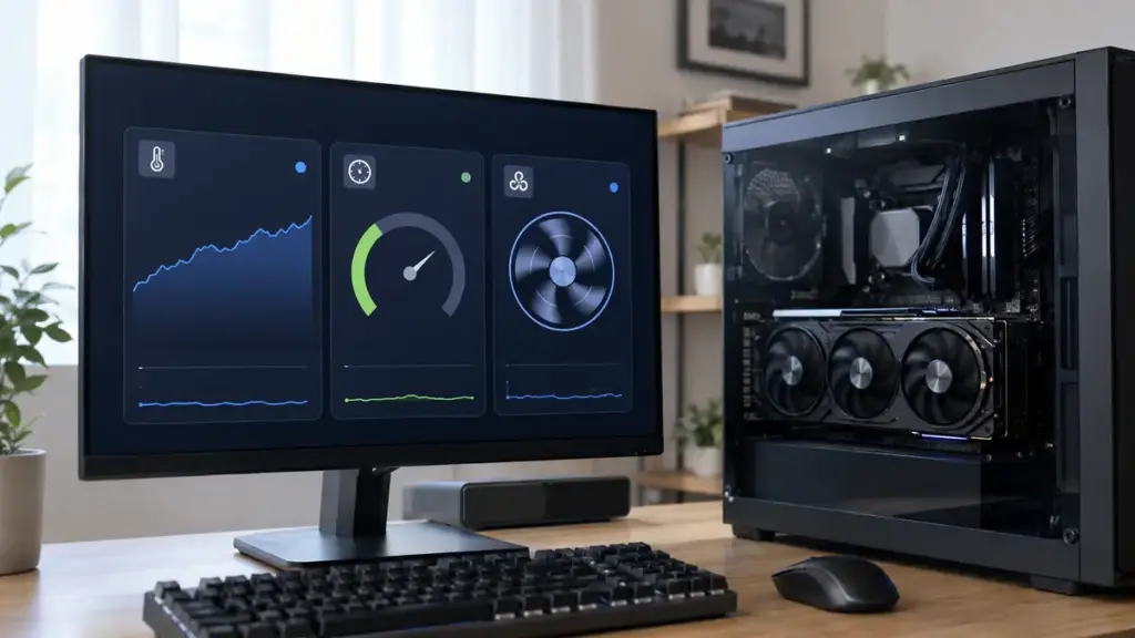 GPU温度とファン回転の変化をモニターで確認するPC