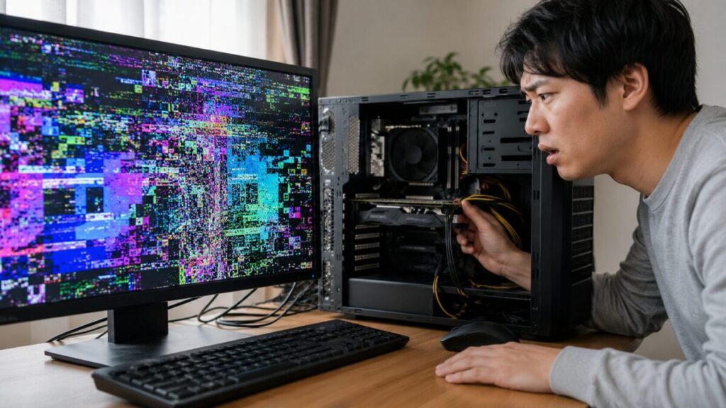 グラボの不具合でモニターにアーティファクトが発生したデスクトップPC