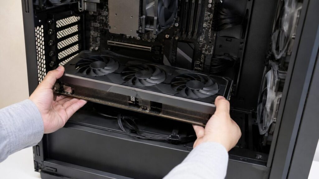 大型グラボをPCケース内に合わせてPCIeスロット周辺の空きスペースを確認している様子