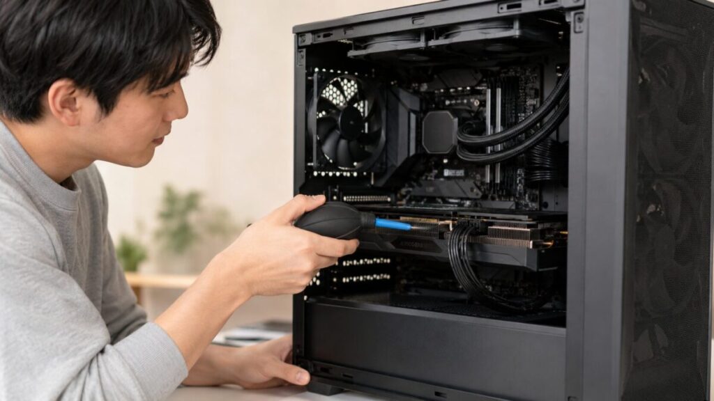グラボの寿命を延ばすためPC内部のホコリを清掃する様子