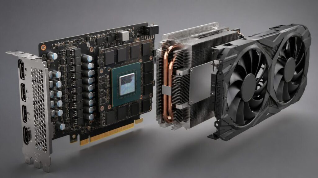 グラボを構成するGPUチップ、VRAM、冷却ファン、映像出力端子を分解して見せたイメージ