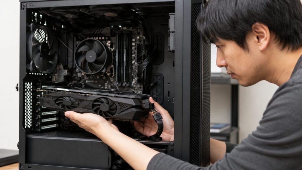 PCケース内にグラボを取り付けながらサイズと補助電源の位置を確認している様子