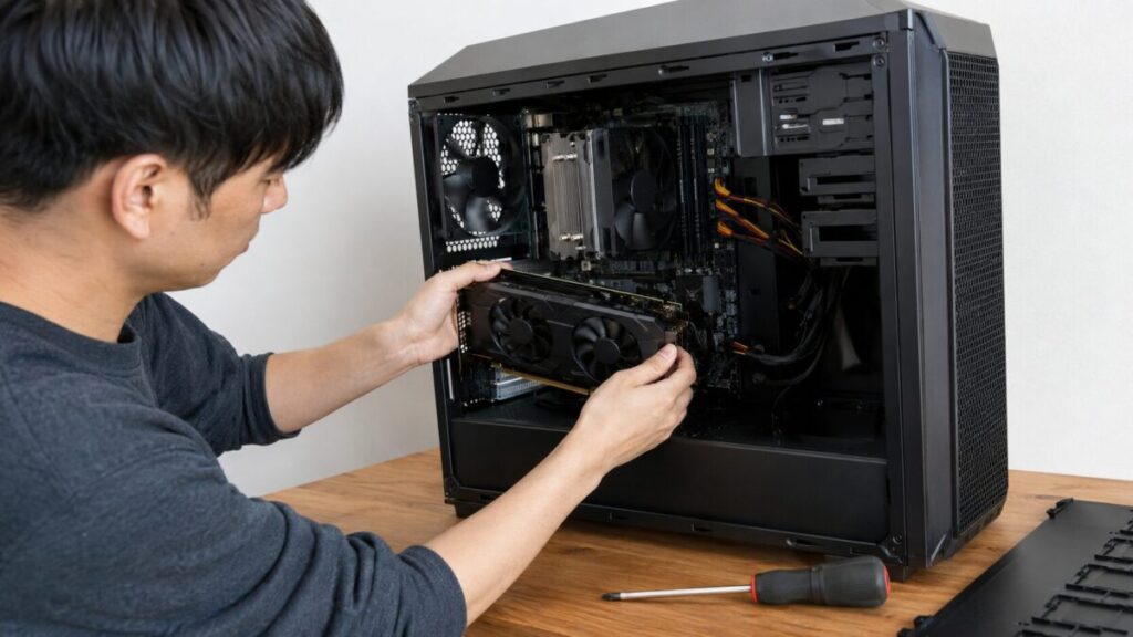 デスクトップPCのPCIeスロットに新しいグラボを慎重に取り付けている様子