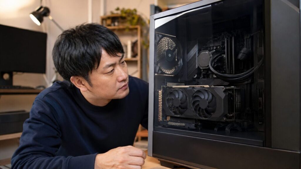 デスクトップPC内部のグラボの状態を確認する様子