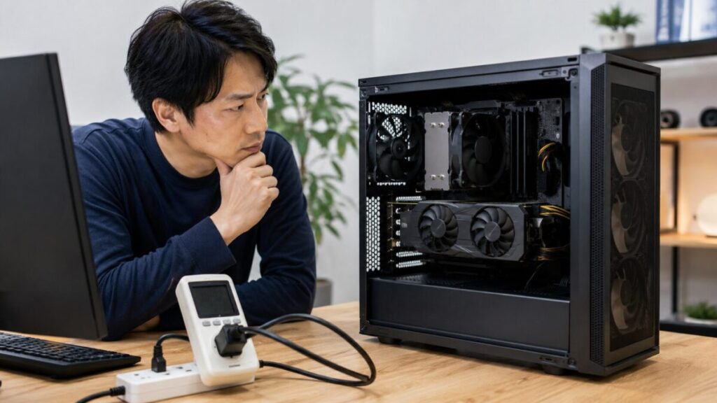 電力計とPCケースでグラボの消費電力を確認する様子
