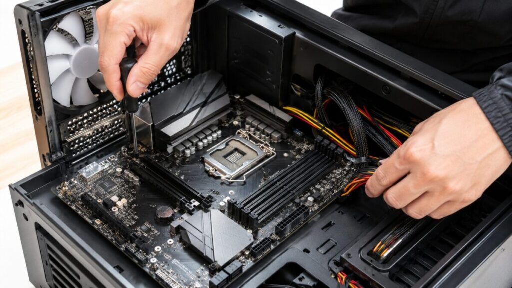 PCケースにマザーボードを固定し電源ケーブルを配線する作業