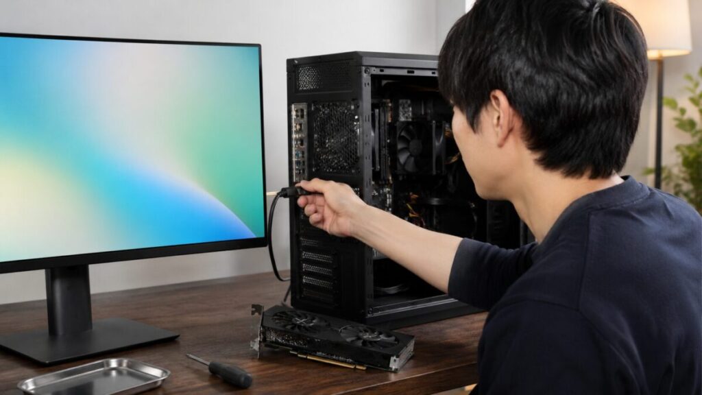 グラボを外してマザーボード側の映像出力で内蔵GPUを確認する様子