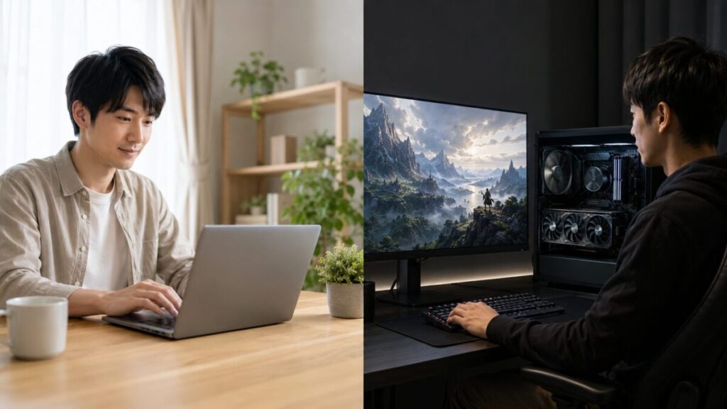 内蔵GPUでの日常作業と専用グラボを使う高画質PC作業を比較した画像
