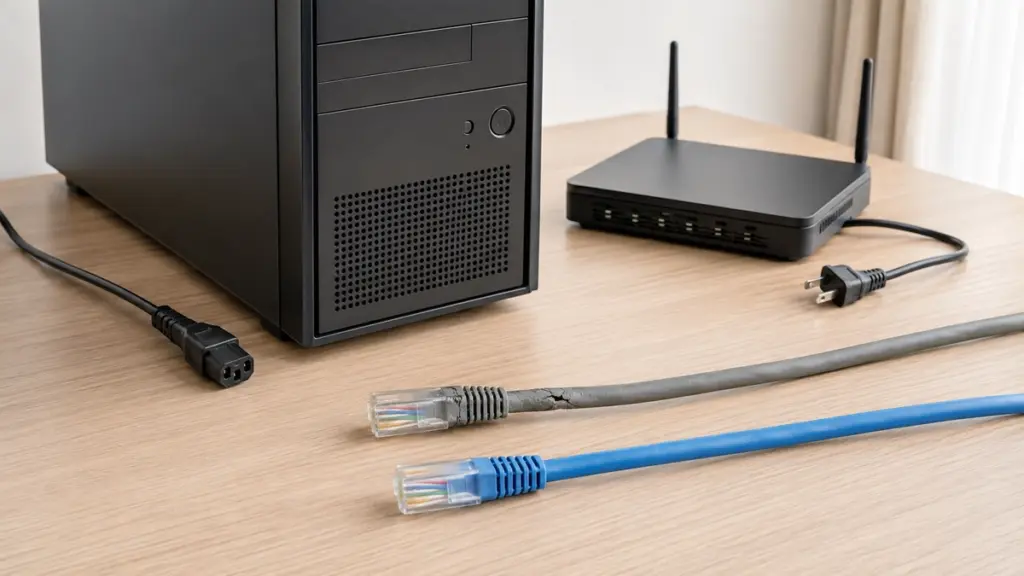 電源を切ったPCとルーターでLANケーブルを比較する様子