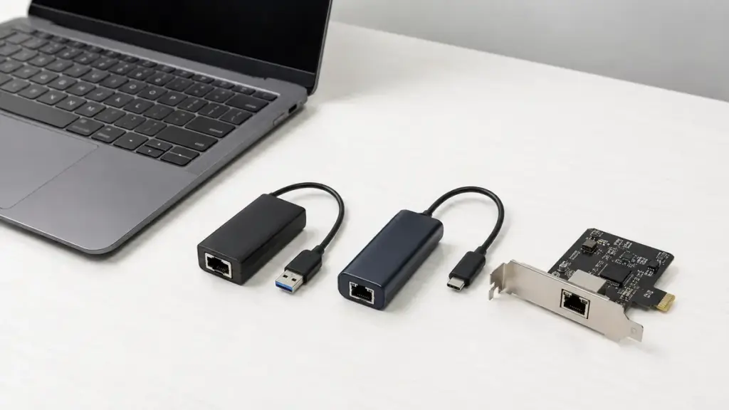 ノートパソコンとUSB有線LANアダプター、PCIe LANカード
