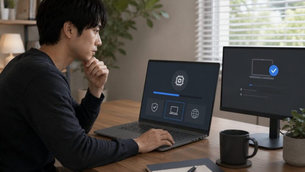 ノートPCでメーカー提供のグラフィックスドライバを確認する日本人男性