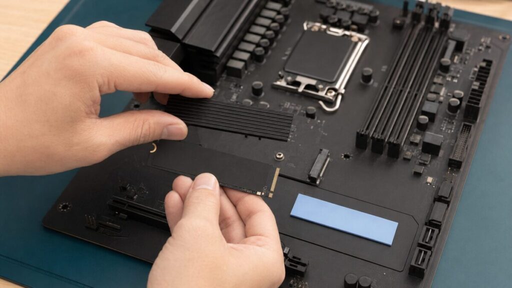 M.2 SSDとヒートシンクの形状や取り付け位置を確認する手元