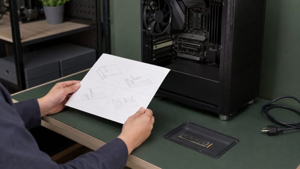 電源を切ったPCの横でM.2 SSDの再装着手順を確認する手元