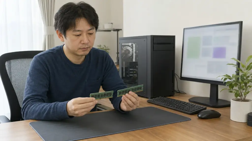 PCのメモリ容量と搭載メモリを確認する様子