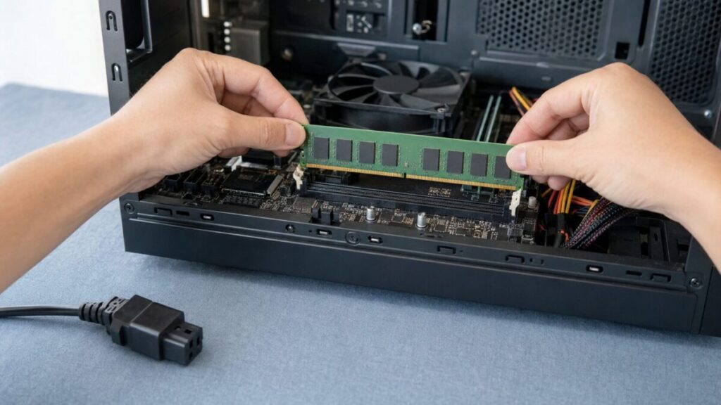 電源を抜いたPCでメモリをスロットへ挿し直す手元