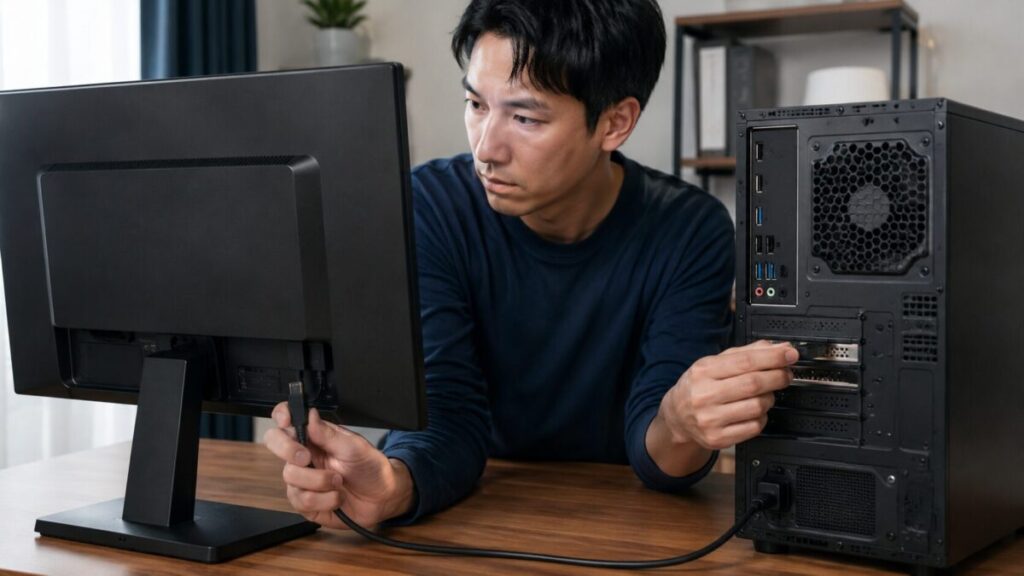 画面が映らないPCでモニターとグラボ側の映像ケーブルを確認する様子