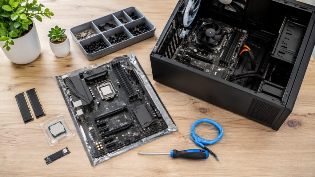 マザーボード交換前に用意したPCケース、CPU、メモリ、SSD、工具