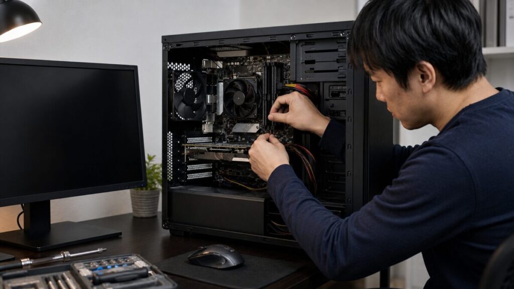 マザーボード交換後に画面が映らないPCのメモリと配線を確認する男性