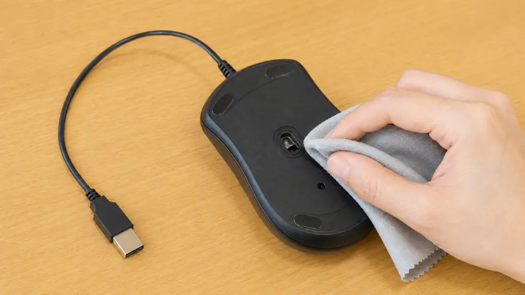 電源を切ったマウスのセンサー周辺を乾いた布で清掃する手元