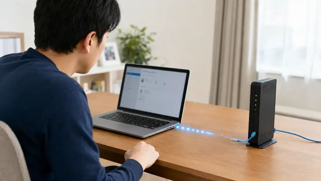 ノートPCとルーターの接続状態を確認する様子