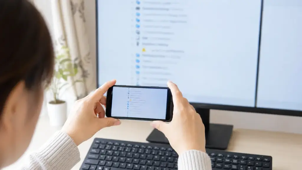 パソコンの機器認識状態をスマートフォンで記録する手元