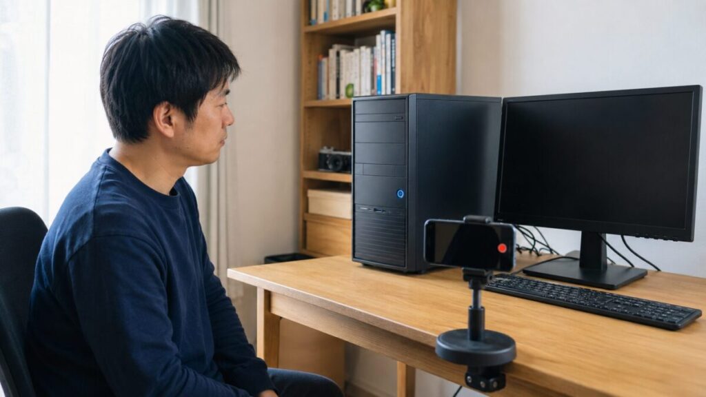 黒い画面のデスクトップPCから鳴るビープ音をスマートフォンで記録する様子