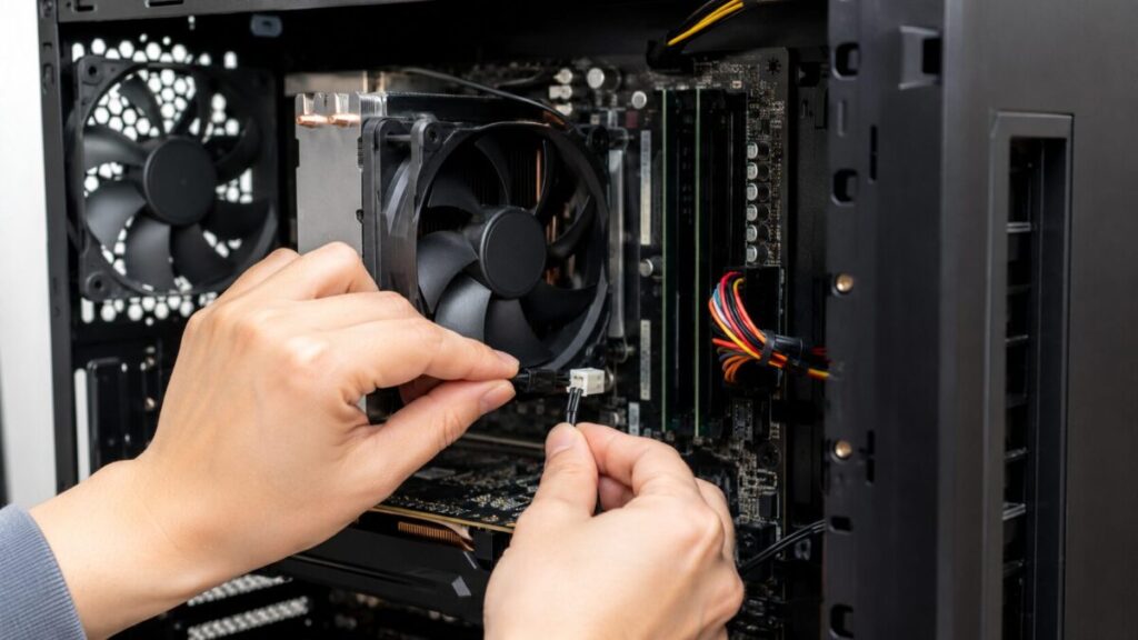 PCファンが回らない原因を切り分けるため、デスクトップPC内部でファンケーブルの接続を確認している様子