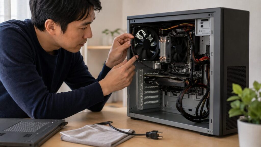 電源ケーブルを抜いたデスクトップPC内部でファン付近のケーブル接触を確認している様子
