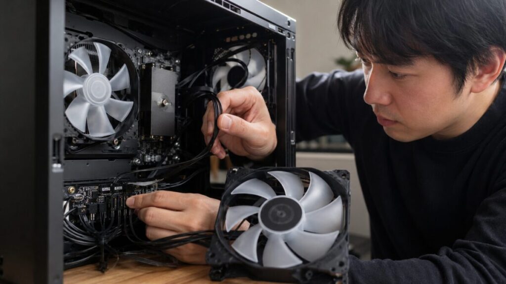 PCファンの配線と接続端子を確認する様子
