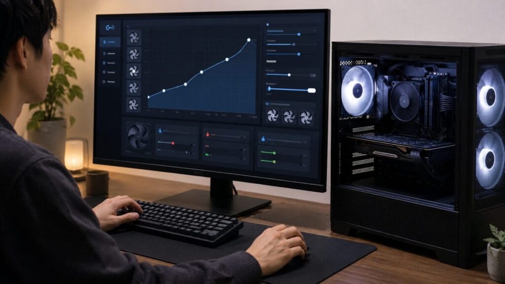 PCファン制御ソフトでファンカーブを調整するユーザーとデスクトップPC