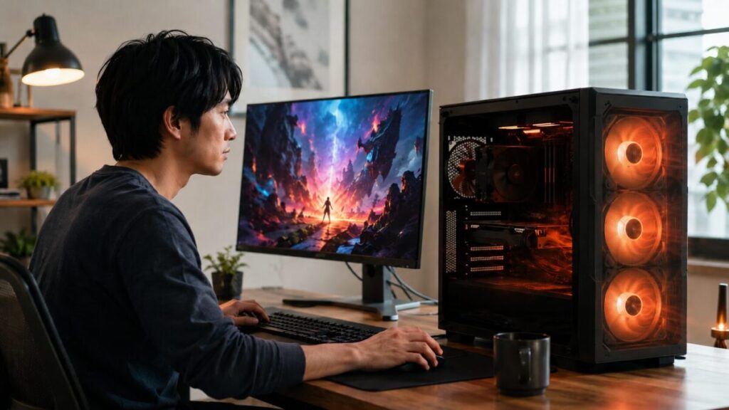 高負荷作業中のデスクトップPCで発熱に合わせてケースファンが強く回っている様子