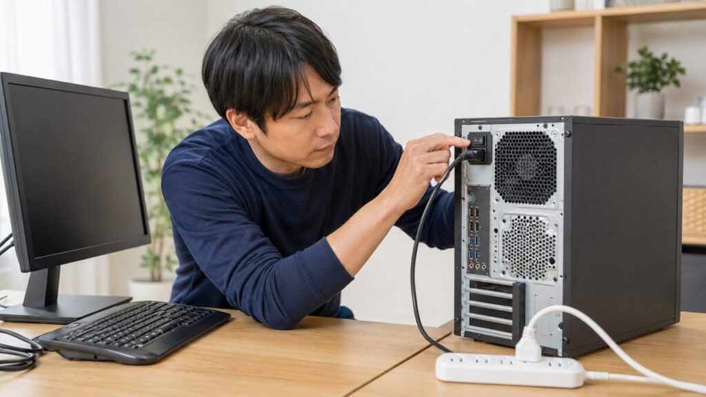 PCファンが回らない原因を確認するため、デスクトップPC背面の電源ケーブルとスイッチを点検している様子